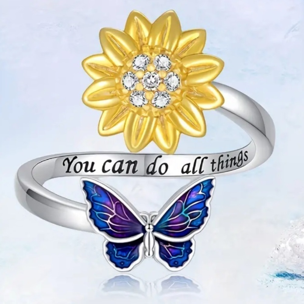 3/$25 “You Can Do All Things” Sunflower and butterfly Open Adjustable Ring